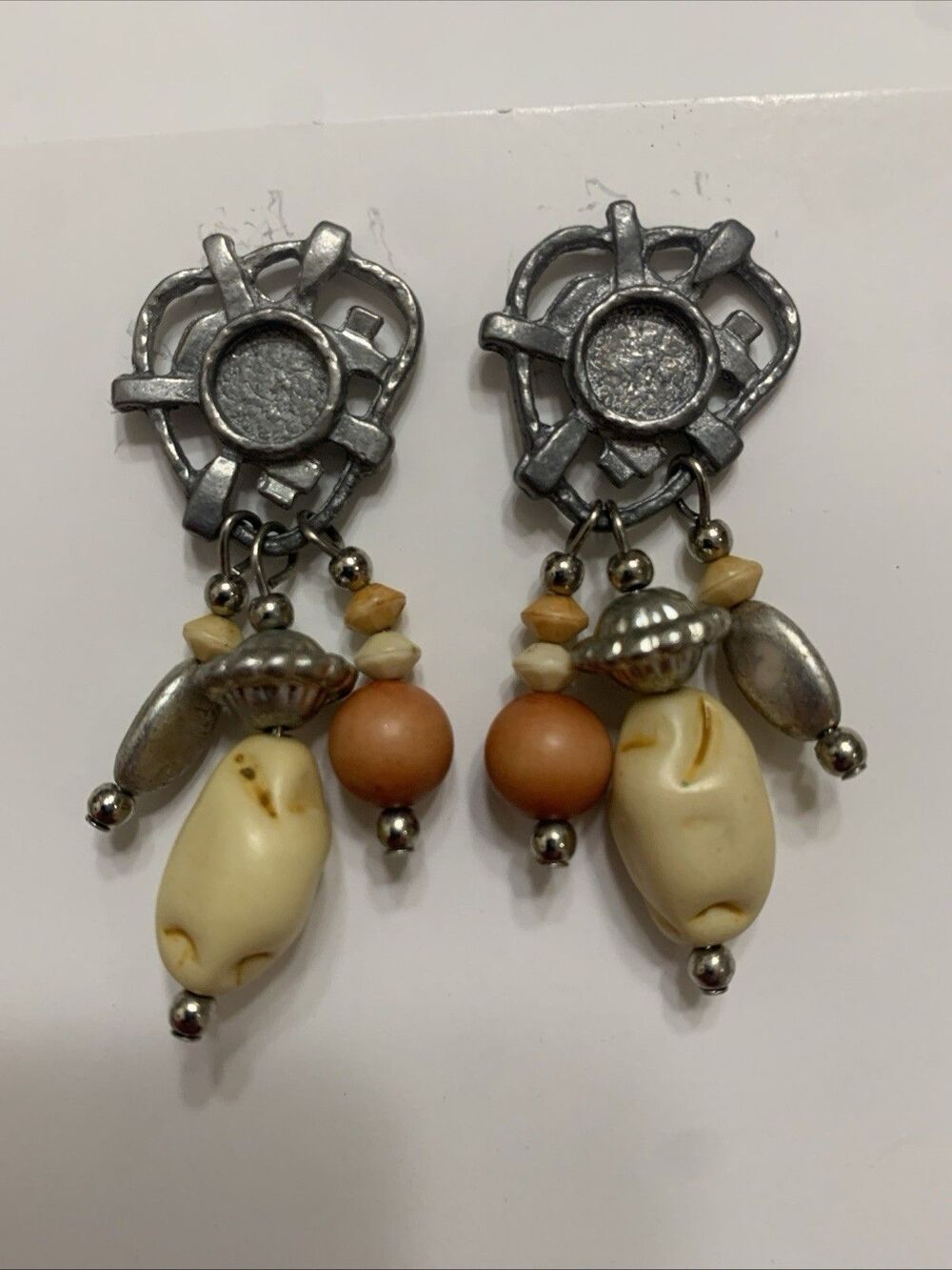 Vintage Dangle Earrings With Metal and Natural Looking Wood-like Beads